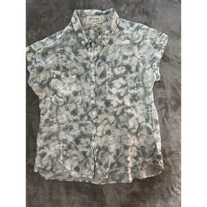 Cloth & Stone Anthropologie Blouse Womens Large Green Gray Button Up Roll Tab